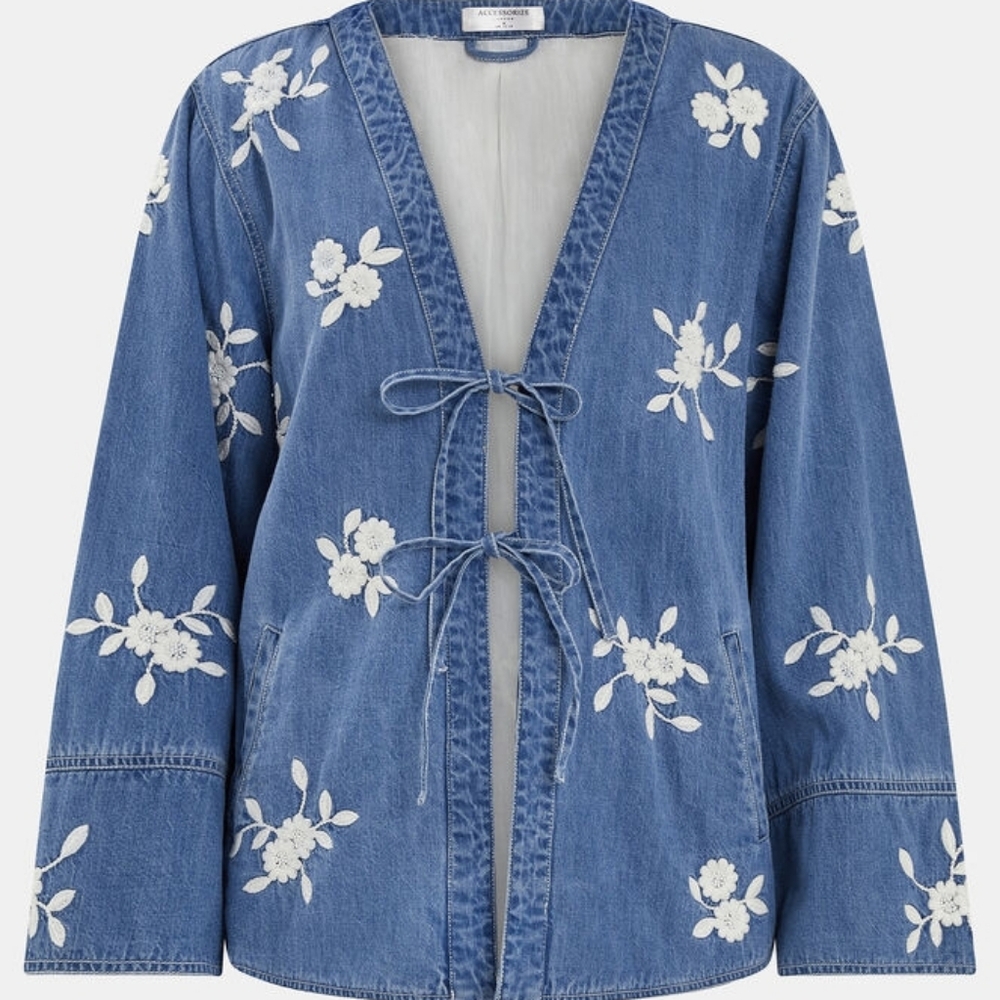 Floral Embroidered Cotton Chambray Tie Front Jacket With Bell Sleeves - Small
